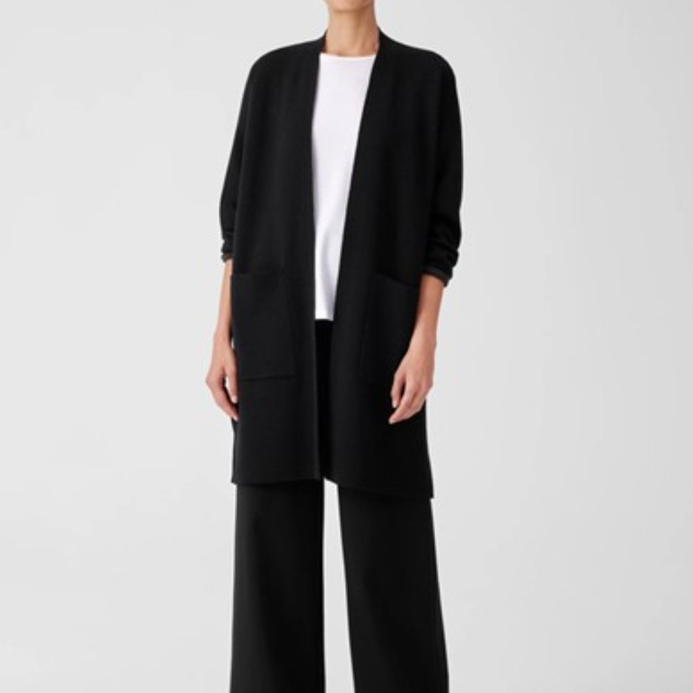 Eileen Fisher Long Cardigan Wool Sweater and Tank Top Shell Set SMALL Black 2 Pc